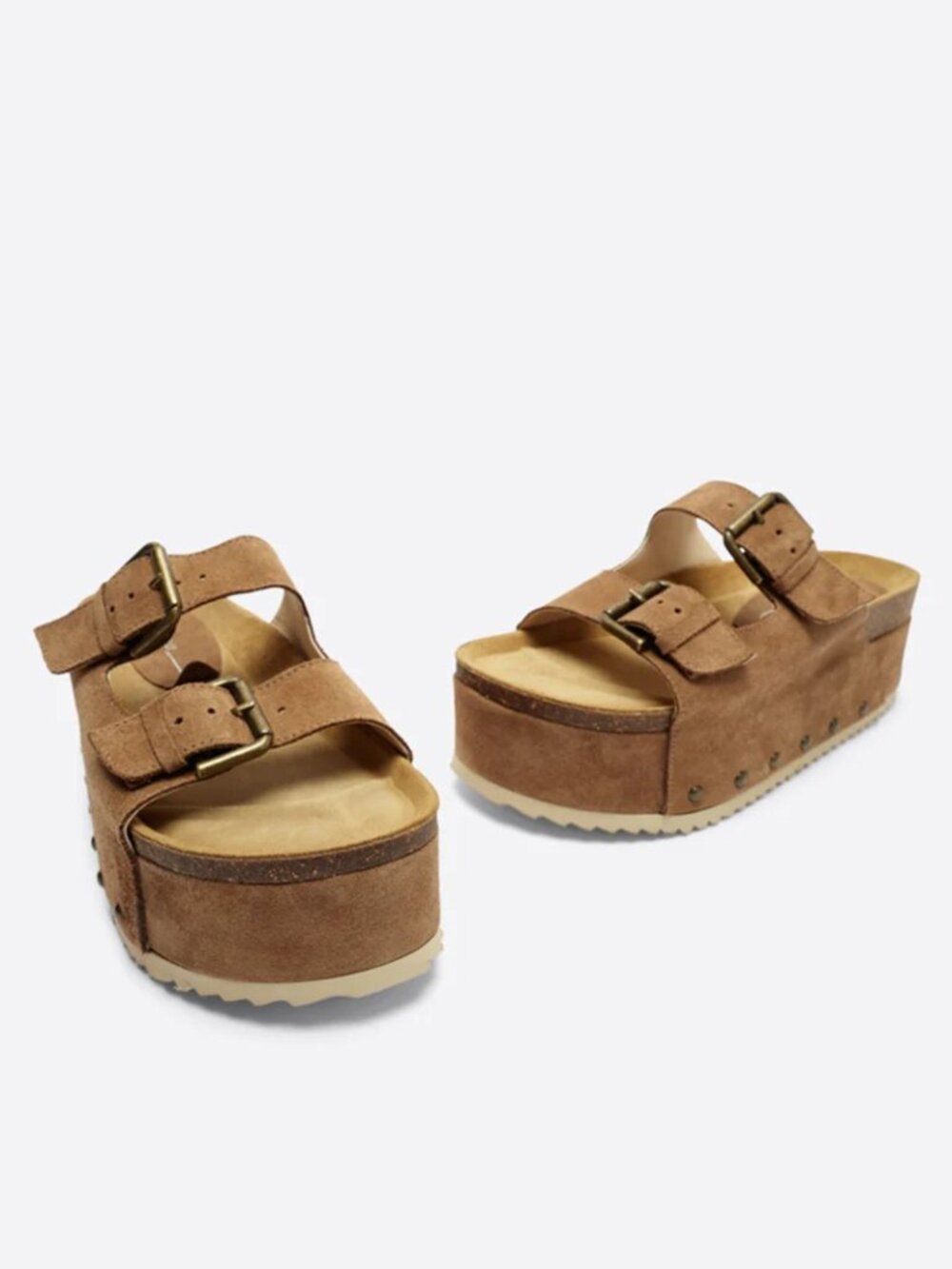 BNIB INTENTIONALLY BLANK Taupe Suede Double-Buckle Slide Mules Free People